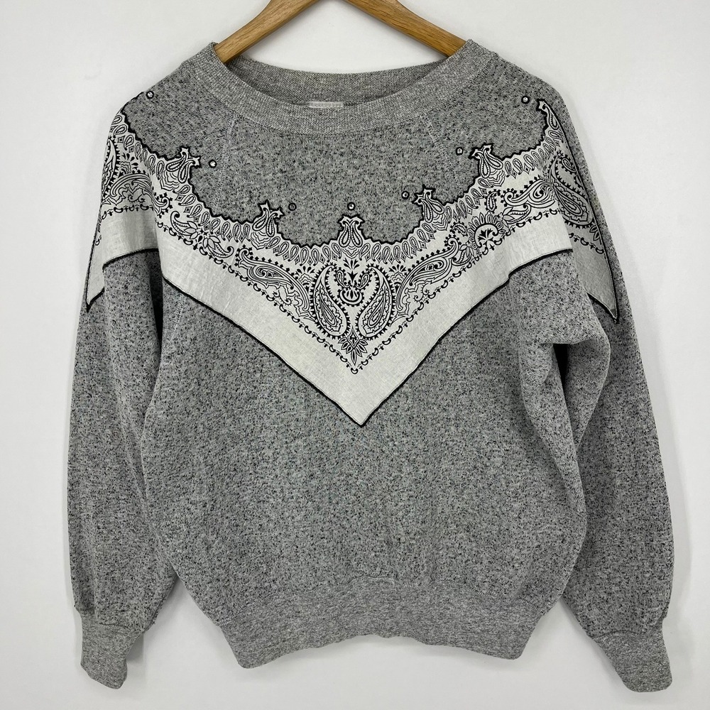 Vintage Ultra Sweats Gray Bandana Paisley Rhinestone Sweatshirt Made in USA M